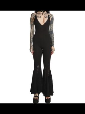 S. the Widow Black Lace-Inset Flared Jumpsuit